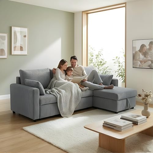 85" 3 Seats Sectional Sleeper Sofa with 3 in 1 Pull Out Bed, Gray