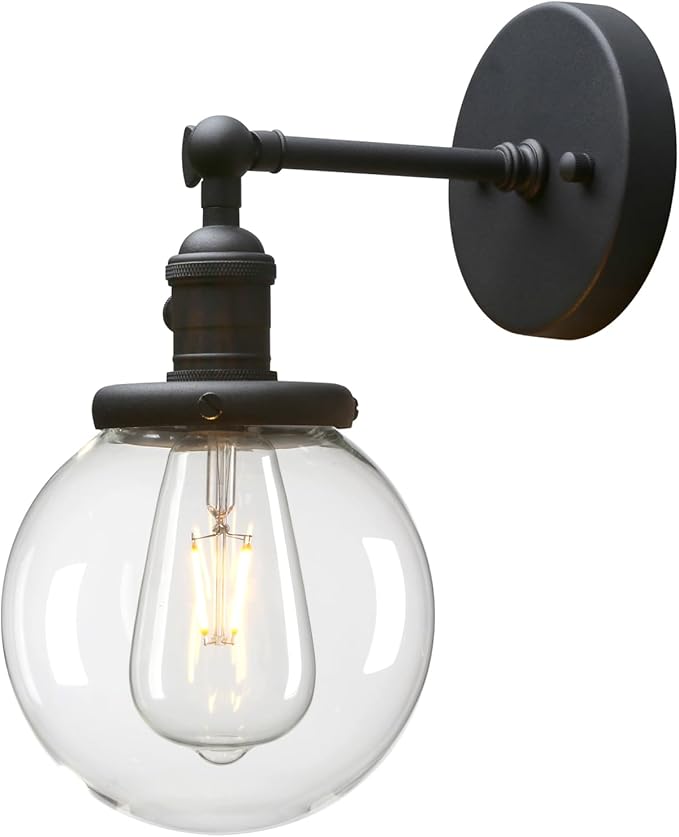 PERMO Vintage Industrial Wall Sconce Lighting Fixture with 5.9" Round Clear Glass Globe Hand Blown Shade (Black)