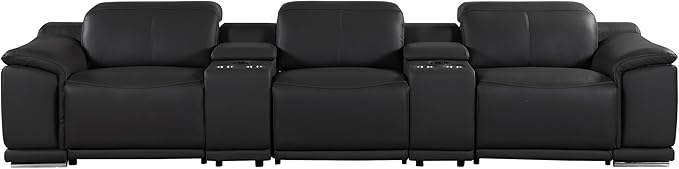 Blackjack Furniture Venice Top Grain Italian Leather Power Recline 5 Piece Sofa - 134" Theater Seating Modern Couch for Living Room Apartment Lounge Home with Adjustable Headrests & USB Port, Black