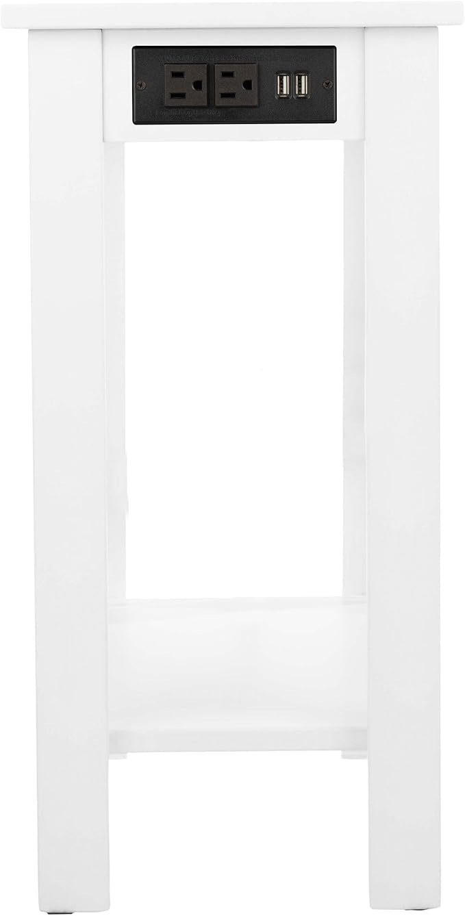 Narrow Side Table with Charging Station - Small End Table with 2 USB Ports, 2 Power Outlets, and Storage Shelf - Slim Nightstand for Living Room, Bedroom, or Small Spaces by Lavish Home (White)