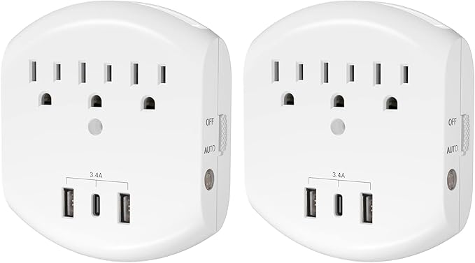 Clear Power 2-Pack USB Wall Charger, 3-Outlet Extender Wall-Tap with 3 USB Charging Ports(1 USB-C) & Nightlight, 3-Prong, White, ETL Listed, DC3S-10032P-DC