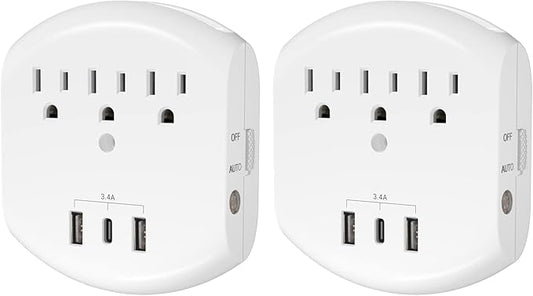 Clear Power 2-Pack USB Wall Charger, 3-Outlet Extender Wall-Tap with 3 USB Charging Ports(1 USB-C) & Nightlight, 3-Prong, White, ETL Listed, DC3S-10032P-DC
