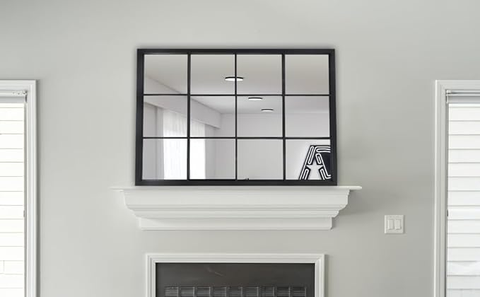 Balck Rectangle Mirror,Window Pane Grid Mirror,Minimalism Wall Mounted Mirror for Entryway,Hallway,Living Room,Fireplace 24"X36"
