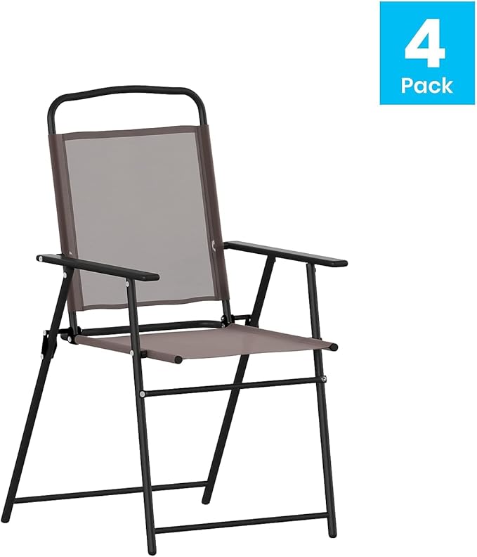 Flash Furniture Mystic Folding Patio Sling Chairs, Outdoor Textilene Lawn Chairs with Armrests, Set of 4, Brown