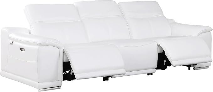 BlackJack Furniture Venice Top Grain Italian Leather Dual Power Recliner Sofa - 107" Theater Seating Modern Couch for Living Room Apartment Lounge Home with Adjustable Headrests & USB Port, White