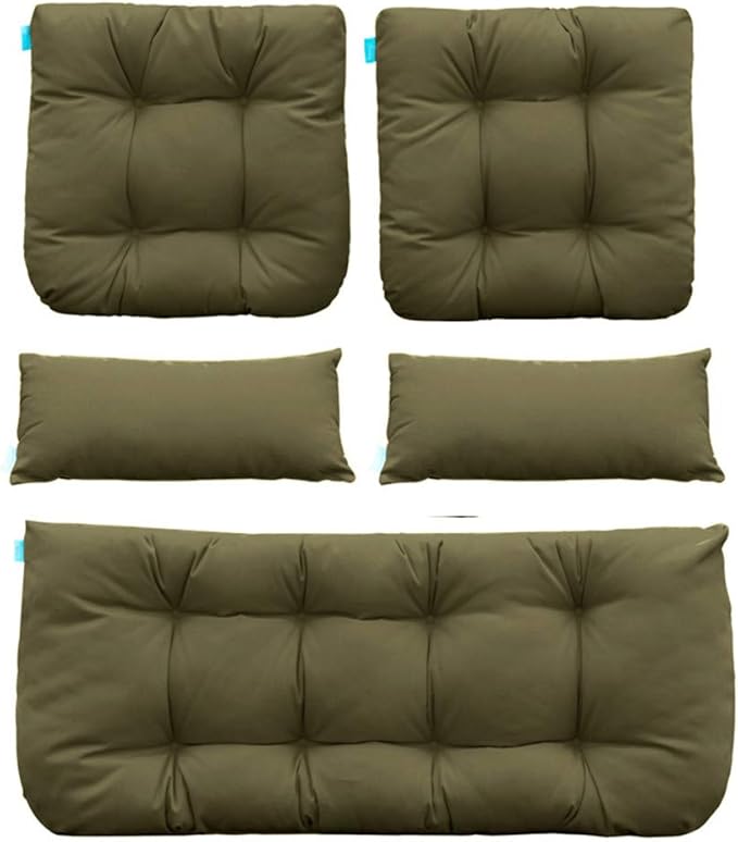 QILLOWAY Outdoor Patio Wicker Seat Cushions Group Loveseat/Two U-Shape/Two Lumbar Pillows for Patio Furniture,Wicker Loveseat,Bench,Porch,All Weather, Settee of 5 (SAGE/Army Green)