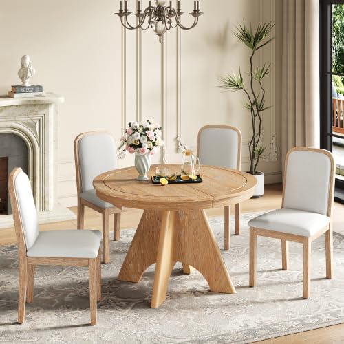 Bellemave 5-Piece Extendable Round Dining Table Set with 4 Upholstered Chairs, 42"-58" Round Kitchen Table Set for 4-6 with Removable Leaf and Crossed Legs for Kitchen, Dining Room (Natural Wood Wash)