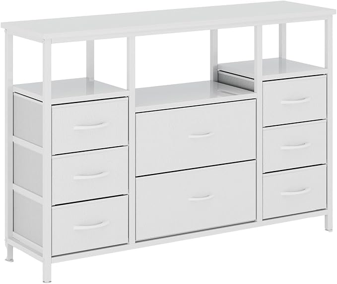 8-Drawer Fabric Dresser TV Stand - Sturdy Steel Frame & Wood Top Chest of Drawers, Lightweight Storage Organizer for Bedroom, Closet, Entryway (White)
