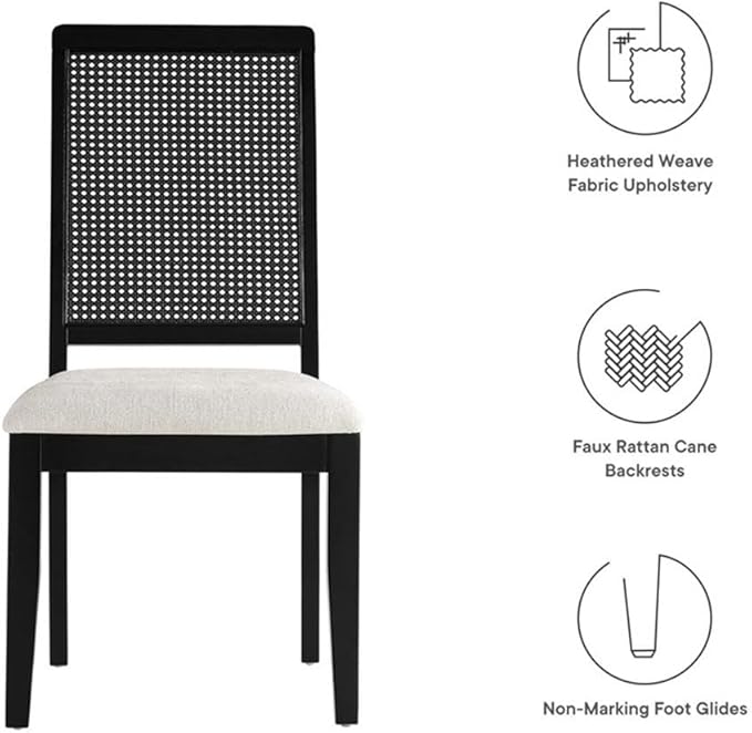 Modway Arlo Wood and Faux Rattan Dining Chairs Set of 2 in Black Black Heathered Weave Ivory - Modern Farmhouse Accent Chairs - Fabric Upholstered Chairs for Dining Room