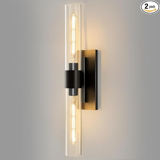 Black Brass Bathroom Wall Sconce - Modern Linear Light Sconces - Dimmable Lighting Fixtures - Vertical or Horizontal Mounted Clear Glass Tube Vanity Lights for Indoor Living Room Hallway