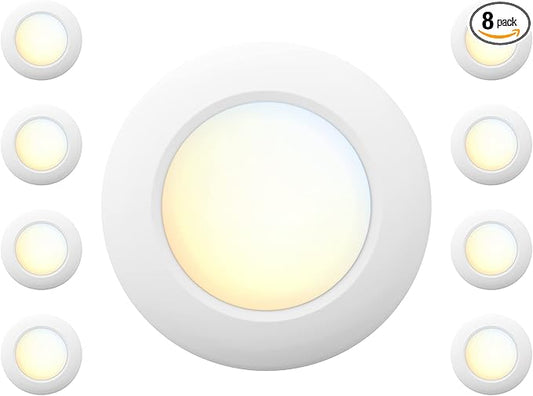 8 Packs 6 Inch 5CCT Field Selectable LED Low Profile Recessed & Surface Mount Disk Light, Round, 15W, 920 Lumens, CRI80, 27K-30K-35K-40K-50K, Driverless, Dimmable, ETL & Wet Listed, White