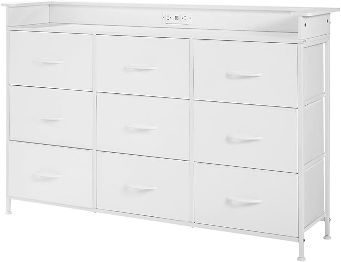 VEVOR 9 Drawer Dresser, Tall Drawer Dresser with Fabric Bin, Closet Storage Drawers with Sturdy Metal Frame, LED Lights & Built-in Outlet, Fabric Storage Tower for Bedroom, Hallway, Closet, White