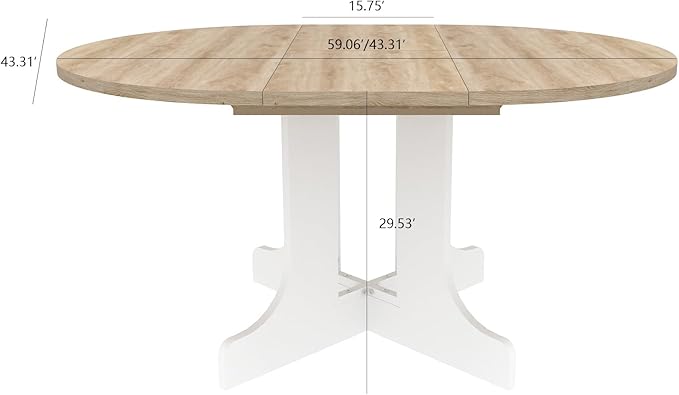 Ball & Cast Extendable Round Dining Table for 4-6,43.3-59" Transformer Kitchen Table W/Removable Leaf Trestle & X-Shaped Base,Farmhouse Oval Extendable Dining Room Table for Small Space,White Oak