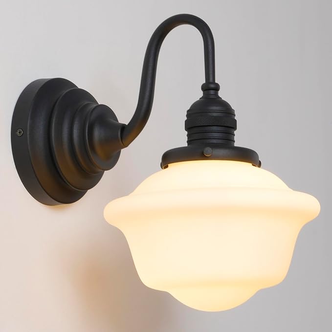 Vintage Wall Sconce Light Hardwire Black Bathroom Vanity Light with Frosted Milk White Gyro Glass Shade Modern Farmhouse Wall Lamp Fixture for Bathroom Mirror Living Room Bedroom Indoor