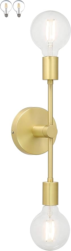 XiNBEi Lighting Brass Wall Sconce, 2-Light Bathroom Sconces Vanity Light Fixture for Mirror Hallway Bedroom (LED Bulbs Included) XB-W1234-2-SB-G30