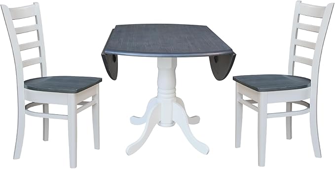 IC INTERNATIONAL CONCEPTS 42" Drop Leaf Wood Table with 2 Emily Side Chairs in White/Heather Gray
