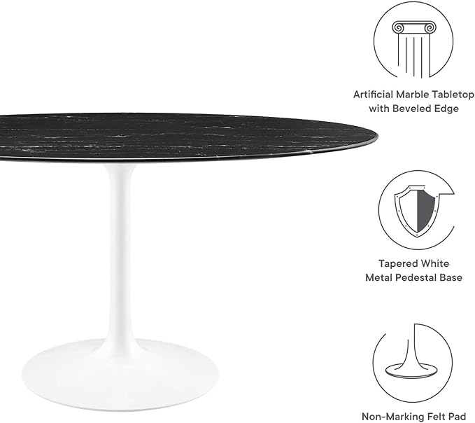 Modway Lippa Oval 60" Artificial Marble Mid-Century Modern Dining Table in White Black