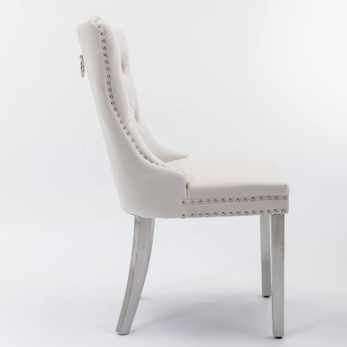 Solid Wood Dining Chair with Nailhead Trim,Velvet Upholstered W/Chrome Stainless Steel Plating Legs,Set of 2,for Living Room,Apartemnt,Beige and Chrome