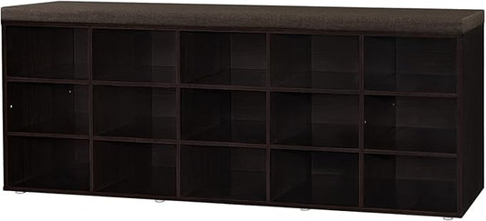 DINZI LVJ Shoe Storage Bench with Cushion, 15-Cubby Shoe Rack, Adjustable Shelves, Long Shoe Organizer Bench for Entryway, Mudroom, Hallway, Living Room, Bedroom and Garage, Espresso