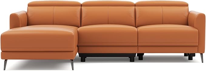 Valencia Andria Left-Facing Sectional Leather Sofa 99.5" | Italian Nappa 11000 Top-Grain Leather Reclining Sofa | Electric Power Recliner | Stainless Steel Leg, Cognac