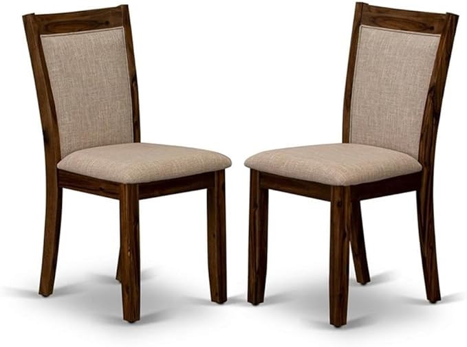 East West Furniture MZCNT04 Monza Modern Parson Dining Chairs - Light Tan Linen Fabric Upholstered Chairs, Set of 2, Antique Walnut