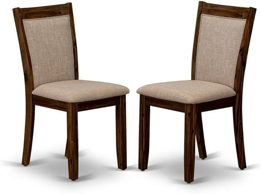 East West Furniture MZCNT04 Monza Modern Parson Dining Chairs - Light Tan Linen Fabric Upholstered Chairs, Set of 2, Antique Walnut