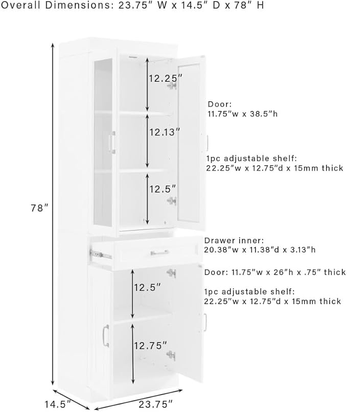 Crosley Furniture Stanton Glass Door Pantry Storage Cabinet with Shelves, Kitchen, Dining, or Laundry Room, Coffee