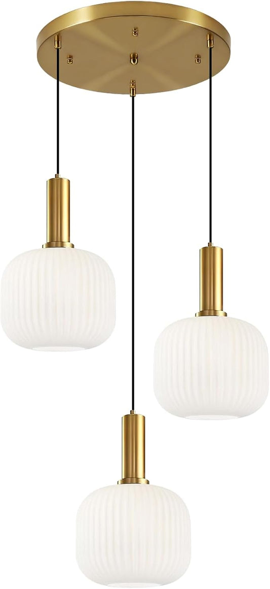 3 Light Cluster Chandelier Milk Glass Pendant Lights Kitchen Island Light Fixtures Ceiling Hanging with Striped Globe Shade Mid Century Modern White and Gold Pendant Light Over Dining Table