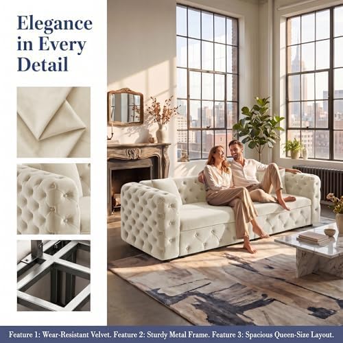 89" 4-Seater Queen Size Pull Out Sofa Bed with 3 Pillows, Beige