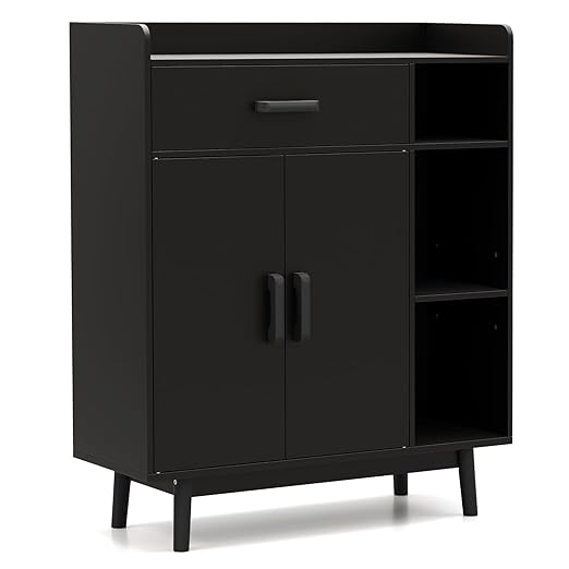 Giantex Floor Storage Cabinet, Freestanding Cupboard with 1 Drawer, 2 Doors, 3 Shelves, 4 Rubber Wood Legs, Sideboard, Entryway Unit for Home Office, Living Room, Storage Organizer (Black)