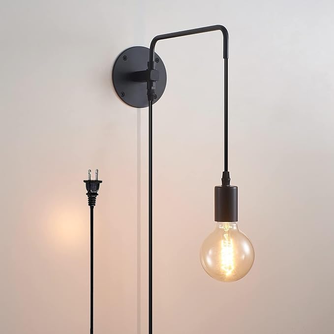 Wall Lamp with Plug in Cord, Swing Arm Wall Sconces with On Off Switch in Cord, Metal Black Vintage Industrial Wall Mounted Light Fixture for Living Room Bedside Bedroom (1 Pack)