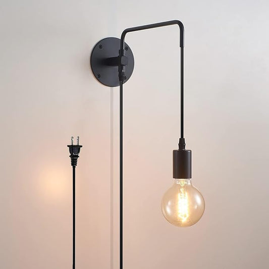 Wall Lamp with Plug in Cord, Swing Arm Wall Sconces with On Off Switch in Cord, Metal Black Vintage Industrial Wall Mounted Light Fixture for Living Room Bedside Bedroom (1 Pack)