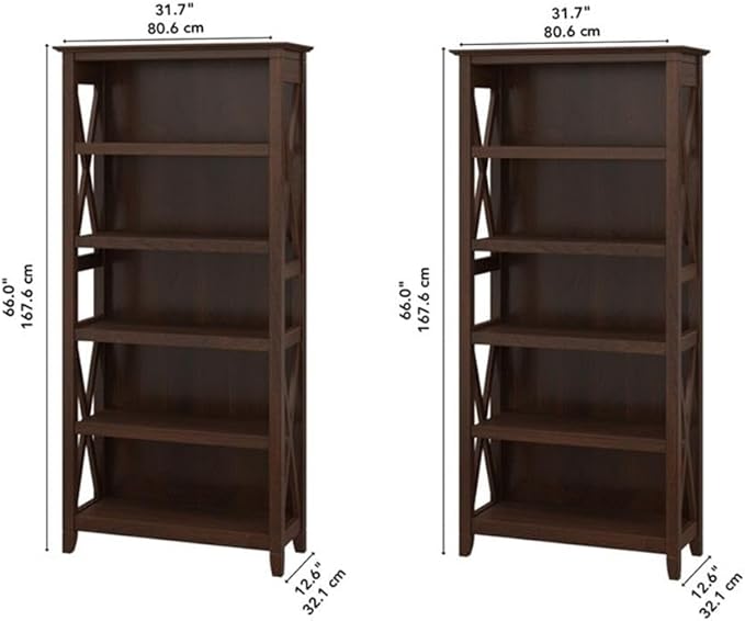 Bush Home Key West 5 Shelf Bookcase - Set of 2 | Tall Bookshelves in Bing Cherry | Sturdy Display Shelves for Library, Living Room, and Home Office