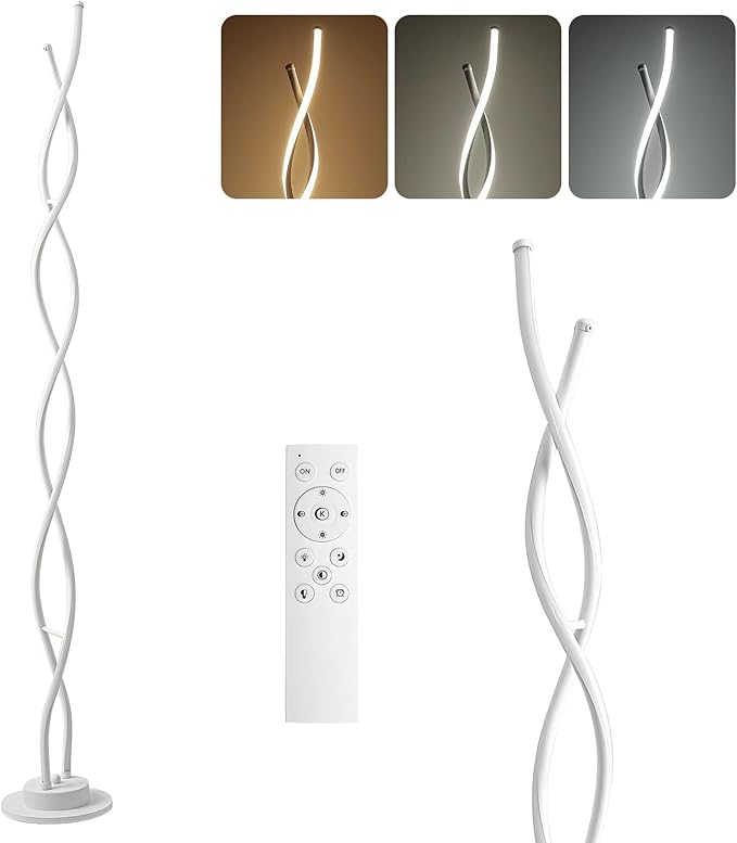 Floor Lamp, LED Modern Floor Lamps for Living Room, 2500LM-40W Lamp for Living Room 3Color Remote Dimmable Standing Lamp, 55" Spiral White Floor Lamp for Living Room Bedroom Office