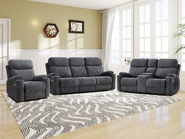 EBELLO Power Reclining Sofa Set, Fabric Electric Recliner Chair, Loveseat and 3 Seater Sofa Couch with Cup Holders, Charging Ports and Storage Space, 6 Seats for Small Living Room, Grey