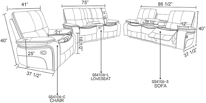 Leather Power Recliner Sofa Set with LED, Living Room Furniture Set, Leather Sofa Set with USB Port Storage Console Cup Holder for Office Living Room Home (Cream White-3)