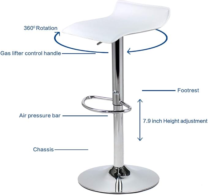 Set of 2 Barstool, Adjustable Swivel Bar Stools with PU Leather and Chrome Base, Gaslift Pub Counter Chairs, White
