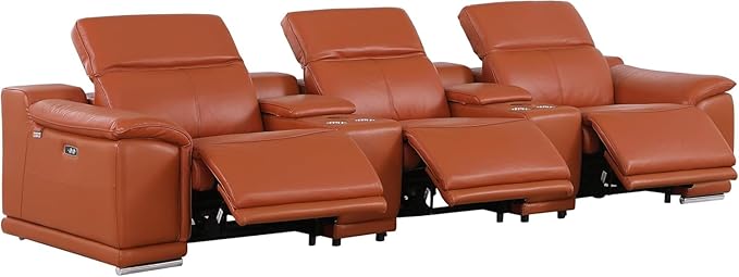BlackJack Furniture Venice Top Grain Italian Leather Power Recline 5 Piece Sofa - 134" Theater Seating Modern Couch for Living Room Apartment Lounge Home with Adjustable Headrests & USB Port, Camel