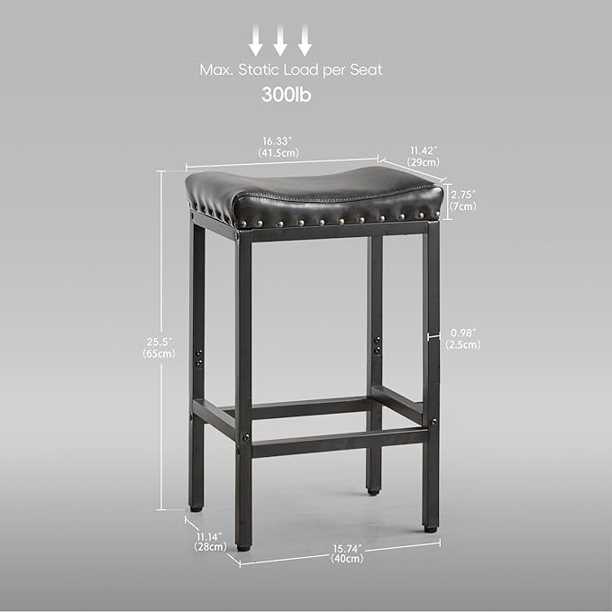 Counter Height Bar Stools Set of 2, 25.5 Inch, Industrial Vintage Bar Stool with Nailhead, Faux Leather Barstool with Footrest, Saddle Stool for Kitchen Island, Dining Room, Easy Assembly