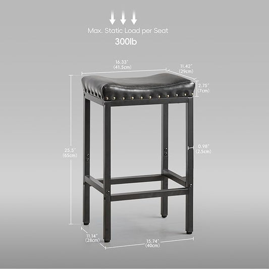 Counter Height Bar Stools Set of 2, 25.5 Inch, Industrial Vintage Bar Stool with Nailhead, Faux Leather Barstool with Footrest, Saddle Stool for Kitchen Island, Dining Room, Easy Assembly