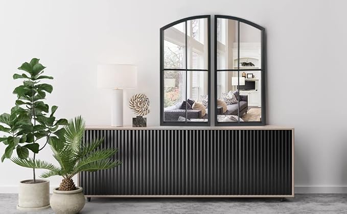 Black Arch Mirror,Window Pane Wall Decor,Farmhouse Wall Mirrors with Iron Frame for Entryway,Hallway,Living Room,Fireplace.2-Pack 26.4"X13.4"