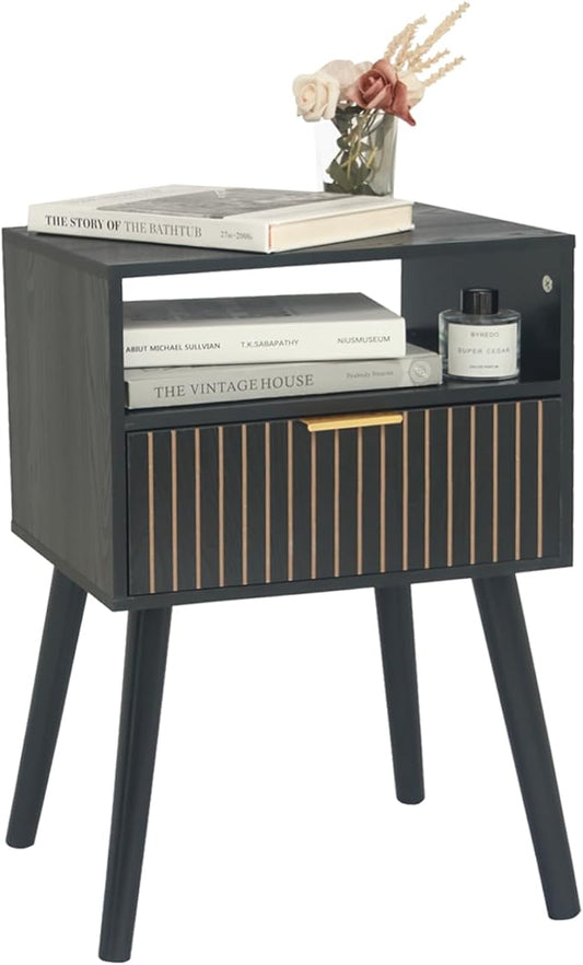 MaxSmeo Black Nightstand with Drawer, Mid Century Modern Bedside Table with Open Shelf Storage, End Table with Solid Wood Legs, Black