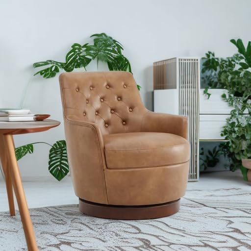 Watson & Whitely Swivel Barrel Accent Chair, Tufted Upholstered Arm Chair for Living Room and Bedroom, Faux Leather in Cognac Brown