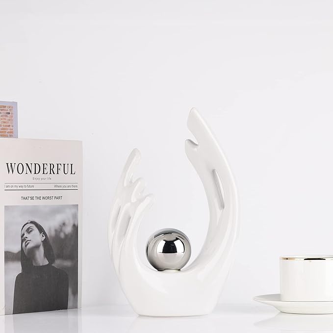 XMGZQ White Ceramic Abstract Statues and Sculptures,White and Sliver Art Ceramic Statues,Modern Home Decor for Living Room,Dining Table, Coffee Table,Shelf, Entrance,Home Desktop Sculpture Home Decor