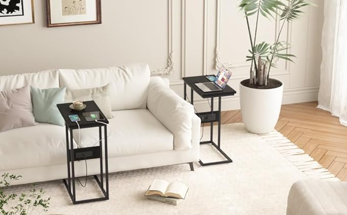 VECELO C Shaped End Side Table with Charging Station & Power Outlets for Couch Sofa/Bed, Snack TV Tray with Metal Frame for Living Room Bedroom 1 Set, Black