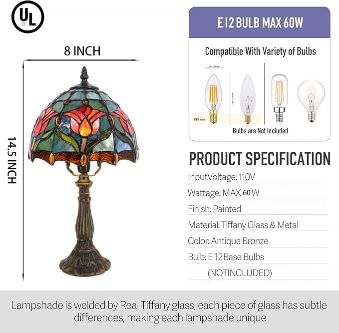 Small Tiffany Lamp Mini Accent Table Lamp Stained Glass Desk Memory Lamp Sympathy 8X14.5 Inch (Tulip Style)