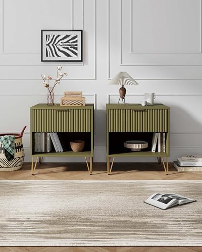 Manhattan Comfort Dumbo Modern Nightstand 1.0 with 1 Drawer and Metal Feet | Splayed Gold Legs | Vertical Ribbed Design | No Tool Assembly Storage for Bedroom & Living Room, Set of 2, Olive Green