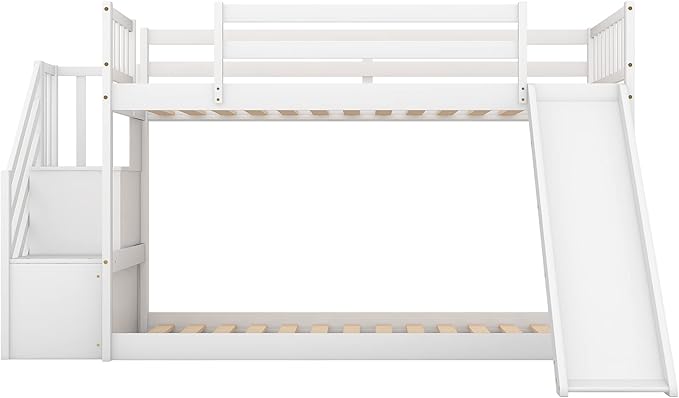Twin Over Twin Low Bunk Bed with Slide and for Storage Staircase for Teens, Boys or Girls, No Box Sping Needed