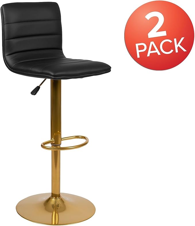 Flash Furniture Vincent Modern Black Vinyl Adjustable Bar Stool with Back, Counter Height Swivel Stool with Gold-Pedestal Base, Set of 2