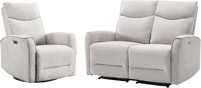 ANJ 2 Pieces Recliner Sofa Furniture Set,Include Power Swivel Recliner Chair with USB Port and 2-Seater Loveseat Reclining Couch for Living Room,Light Grey